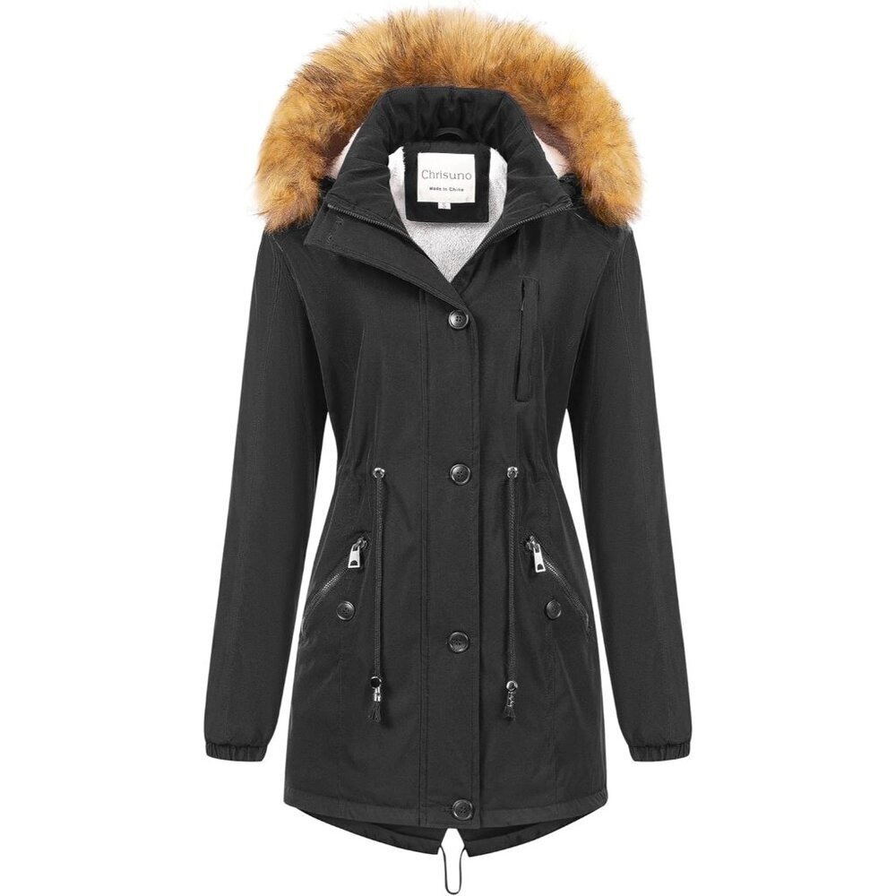 Women's Dark Grey Insulated Jacket Soft Fleece Snow Faux Fur Coat